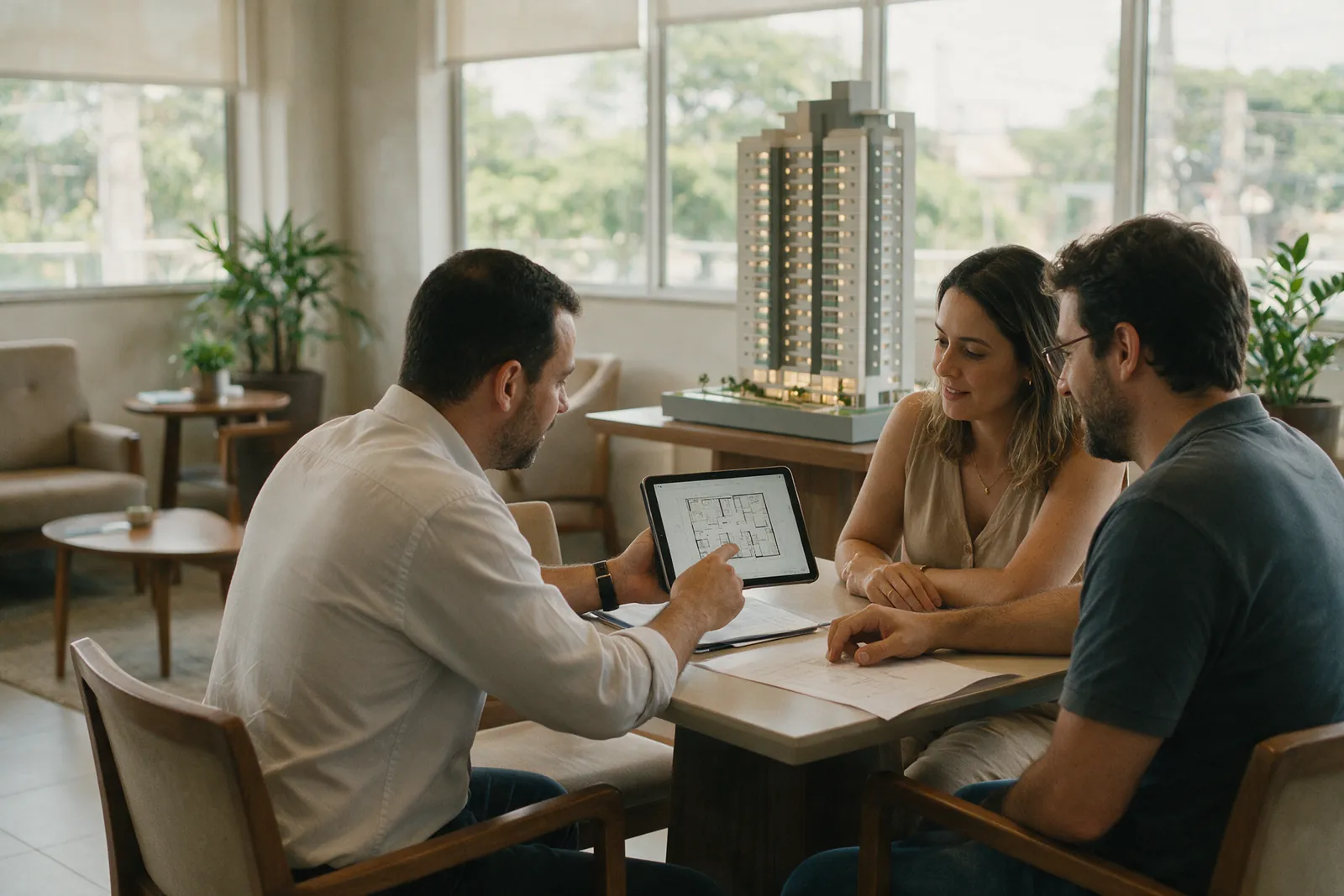 Corretor apresentando a planta de um empreendimento a um casal no estande de vendas